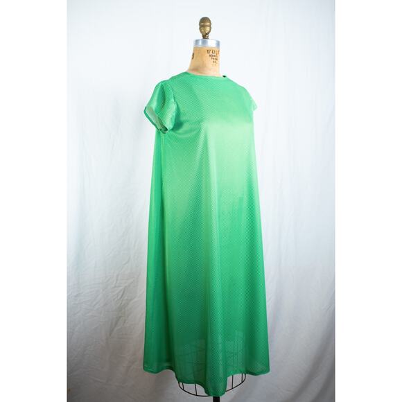 Vintage 70s Lime Green Swiss Dot Trapeze Swing Dress, Retro Midi Disco Groovy, S - Picture 1 of 9